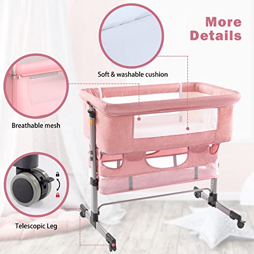 Pink Baby Bassinet Bedside Sleeper with Storage Basket D3794