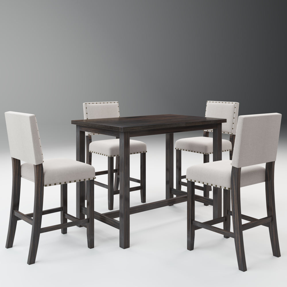5 Piece Rustic Wooden Counter Height Dining Table Set with 4 Upholstered Chairs J984209
