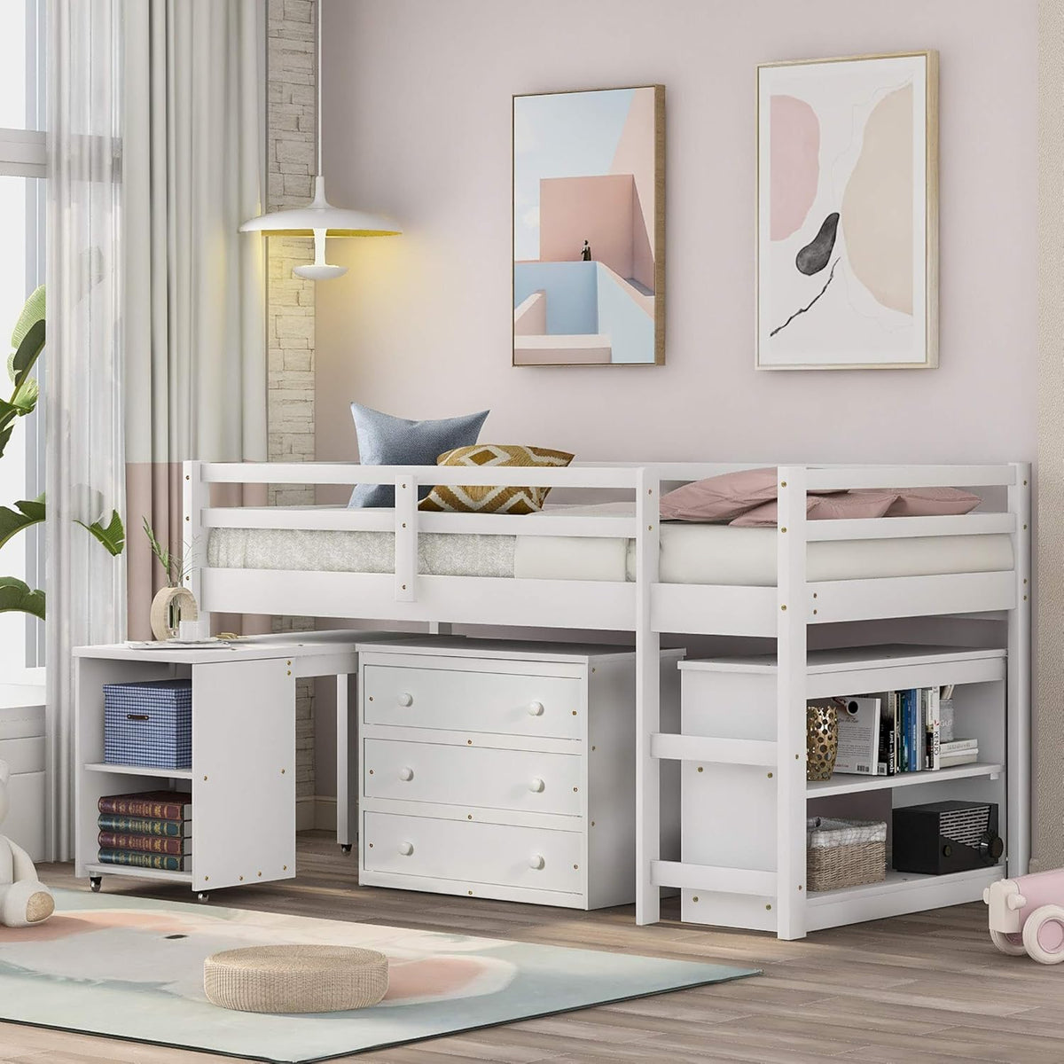 Twin Wood Loft Bed with Cabinet and Study Desk U205838