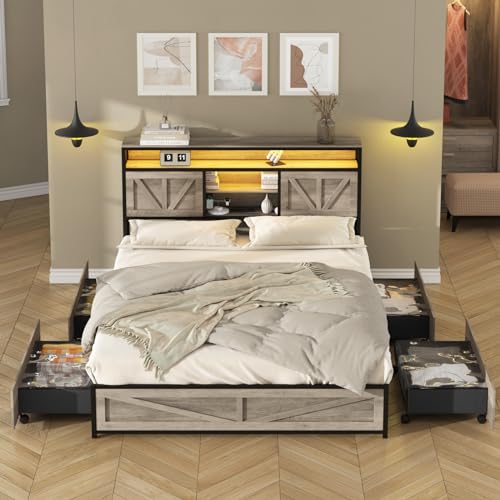 Queen Size Bed Frame with 4 Drawers LED Light, Wash Grey M11765