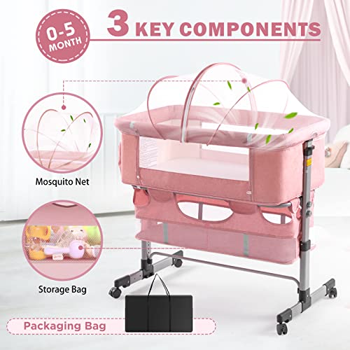 Pink Baby Bassinet Bedside Sleeper with Storage Basket D3794
