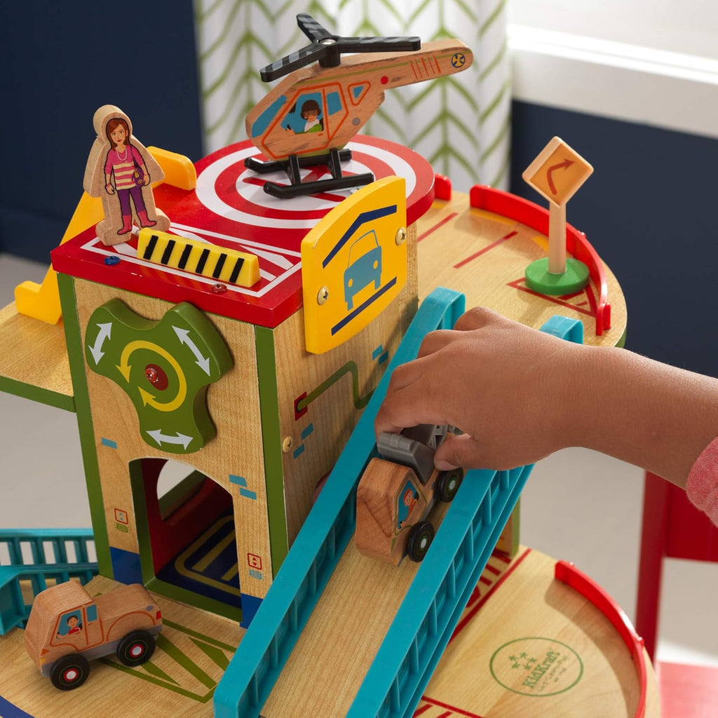 Wooden Car Garage Playset with 19-Piece Accessory Set and Moving Elevator Q263055