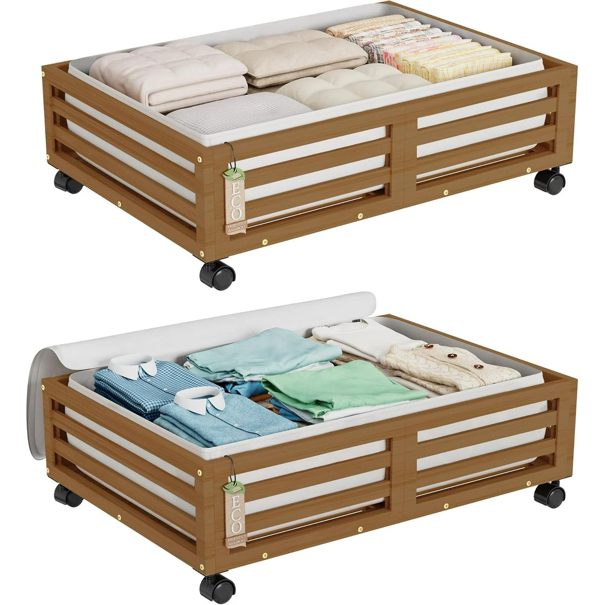 2 Pack Bamboo Under Bed Storage Containers with Wheels K314