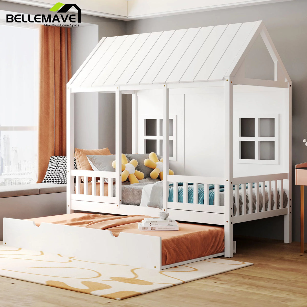 White Twin Size Wood House Daybed with Trundle G864587
