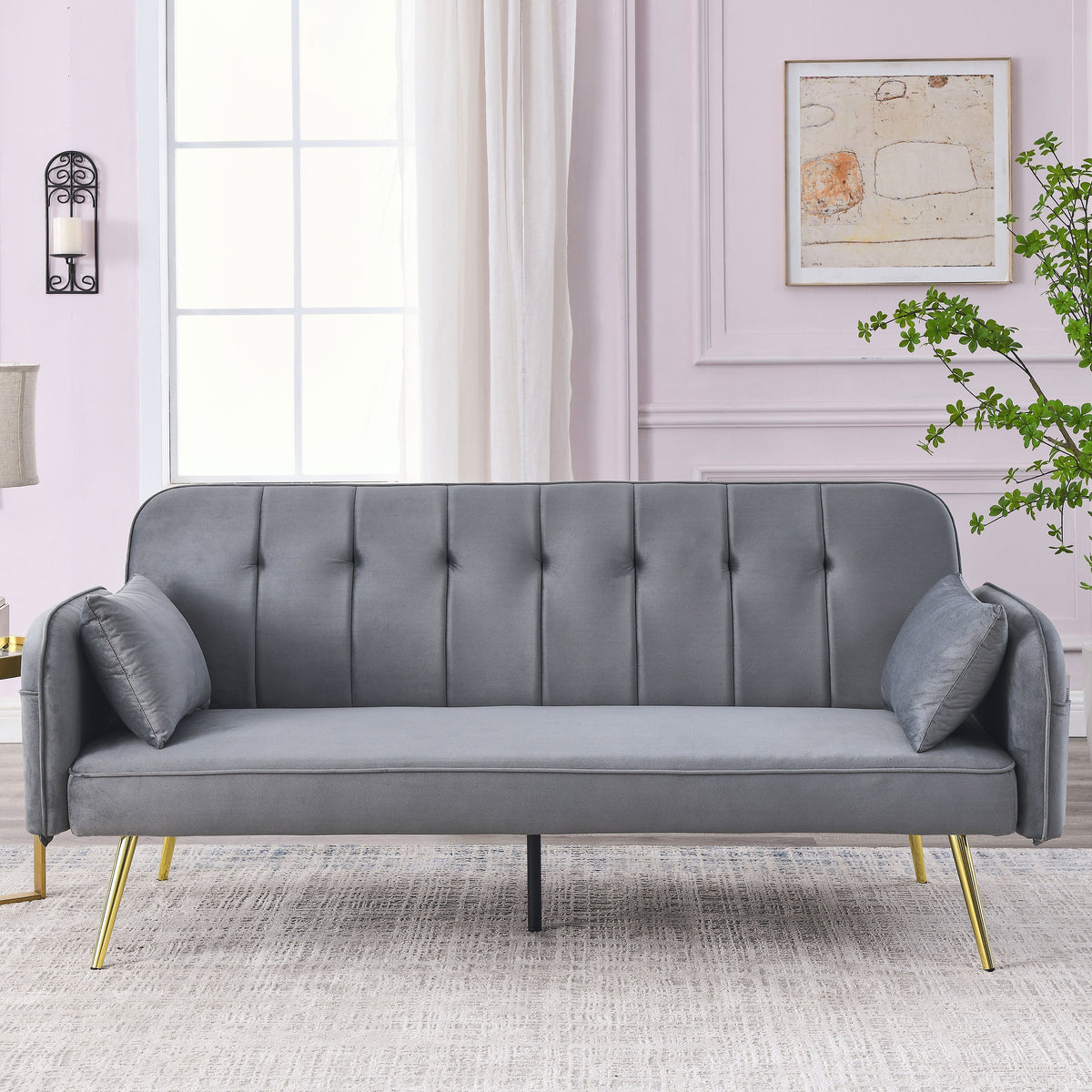 Grey Convertible Velvet Sofa Bed I907885