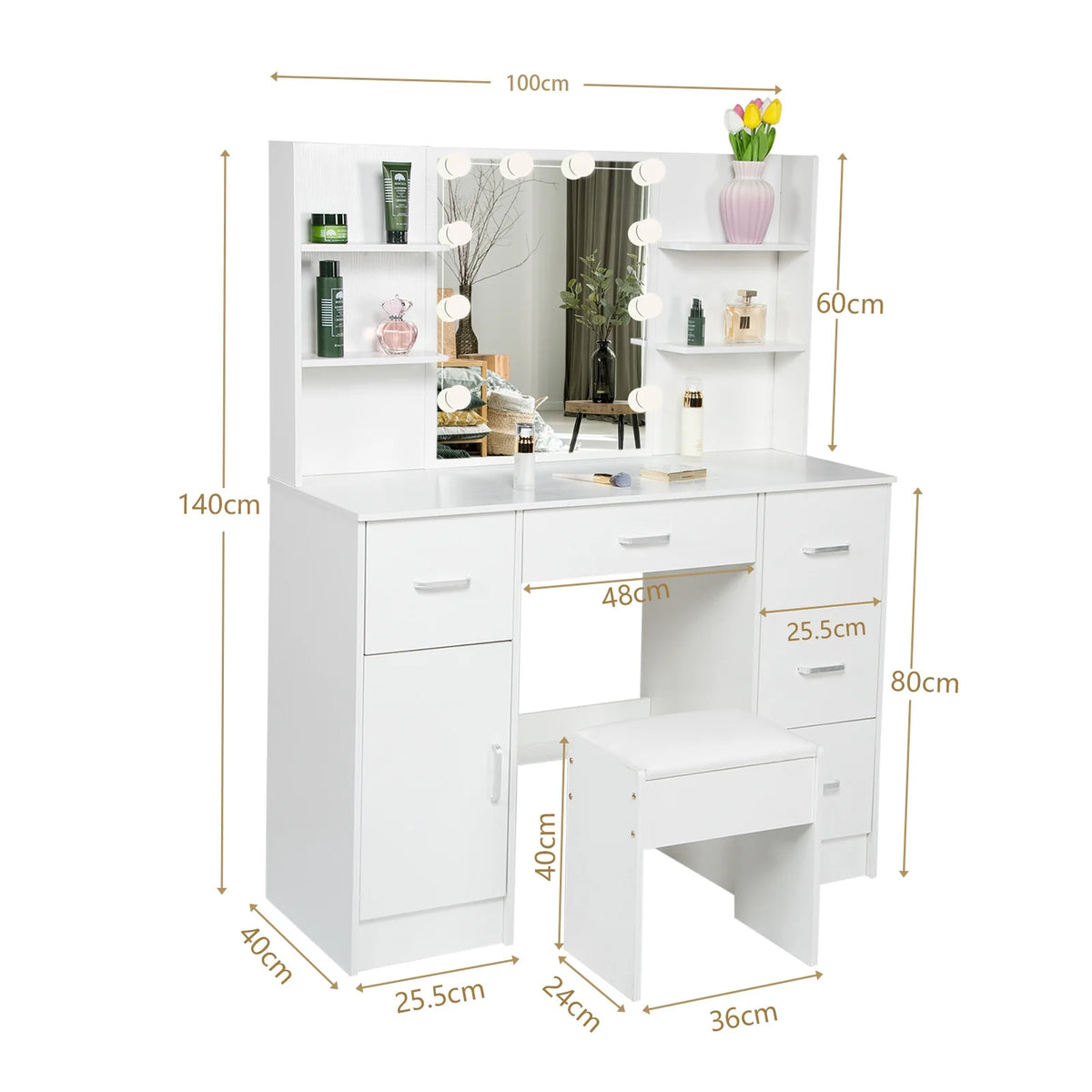 White Makeup Vanity Set with Mirror and Lights W201