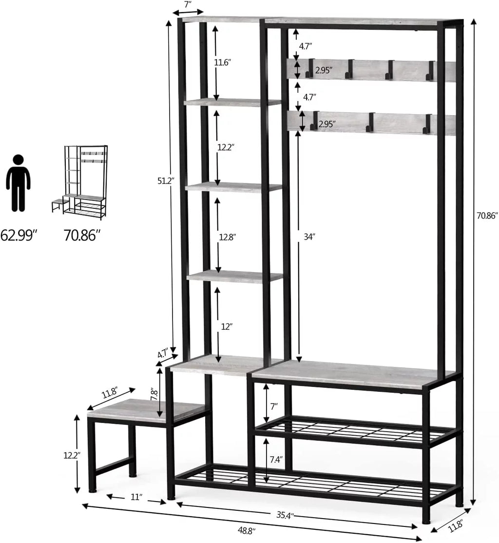 Hall Tree with Shoe Storage Bench, Coat Rack with 7 Hooks, 4 Tier Side Shelves K180