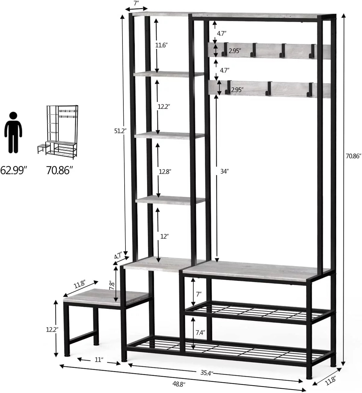 Hall Tree with Shoe Storage Bench, Coat Rack with 7 Hooks, 4 Tier Side Shelves K180