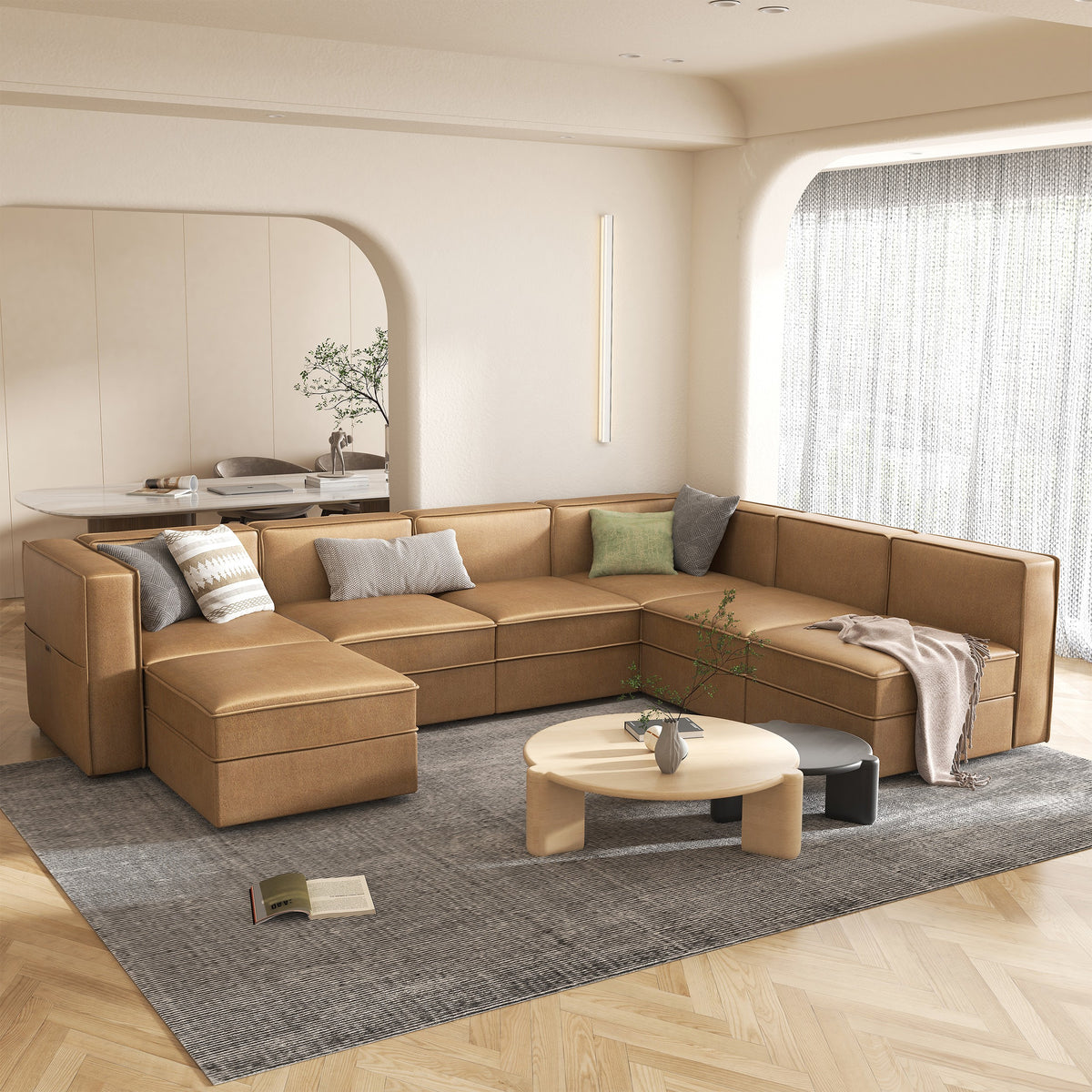 Caramel Brown U Shaped 7 Seaters Convertible Sectional Sofa Couch with Ottoman E2307