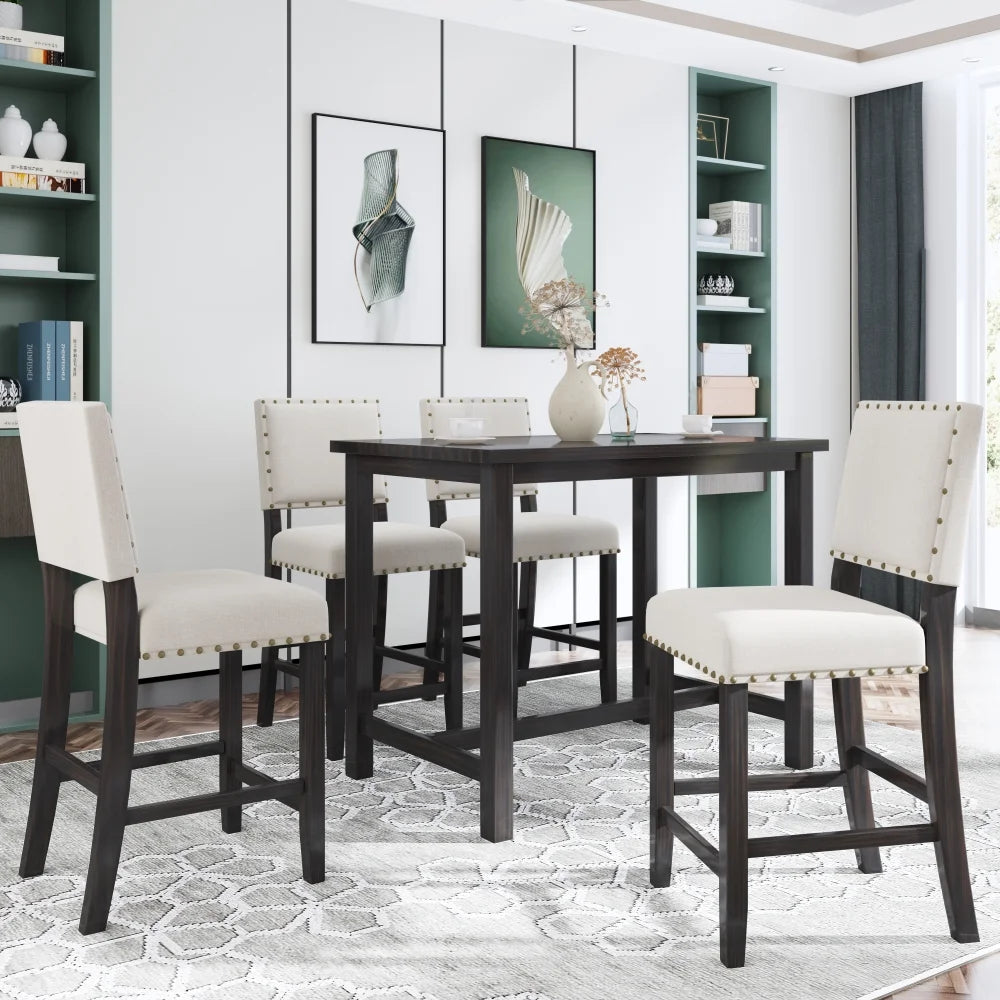 5 Piece Rustic Wooden Counter Height Dining Table Set with 4 Upholstered Chairs J984209