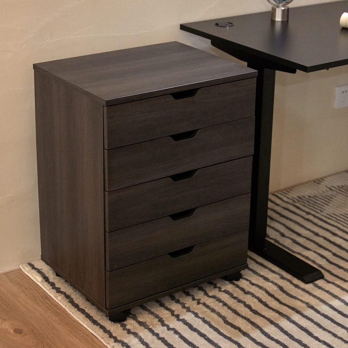 Walnut 5 Drawer File Cabinet with Casters I564