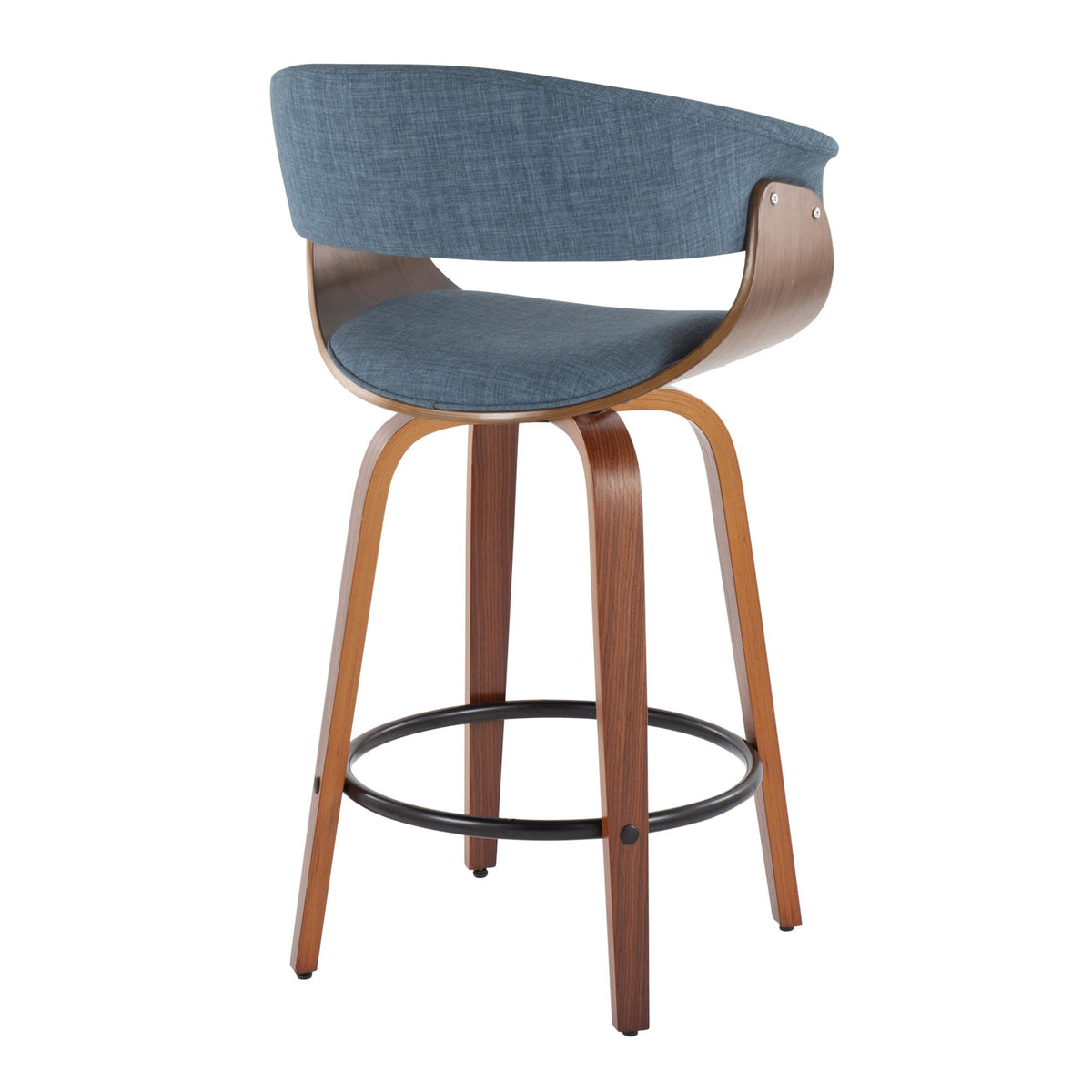 26" Mid-Century Modern Counter Stool with Swivel in Walnut Wood and Blue Fabric with Round Black Metal Footrest - Set of 2 B37551