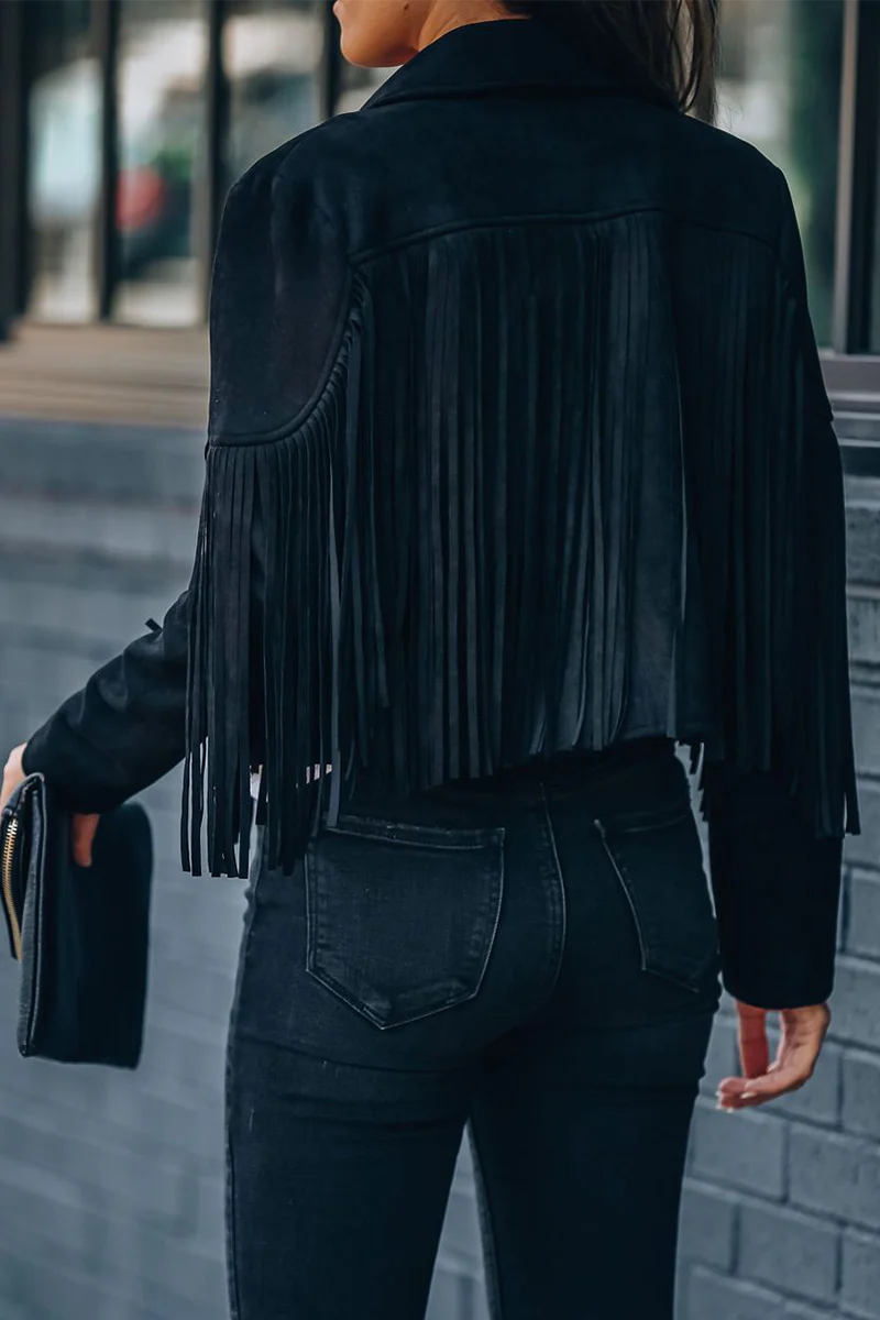 Solid Tassel Turndown Collar Outerwear S943