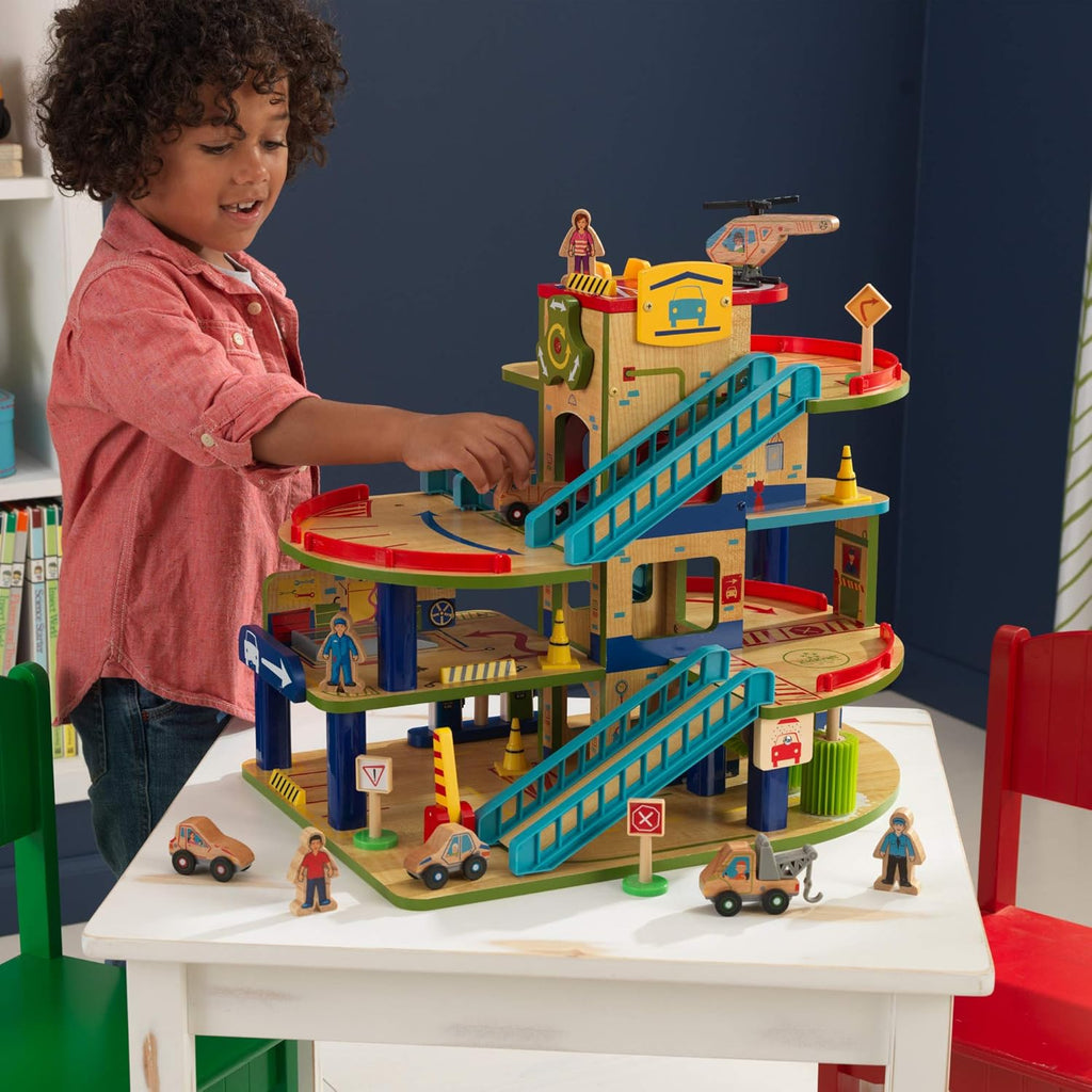 Wooden Car Garage Playset with 19-Piece Accessory Set and Moving Elevator Q263055