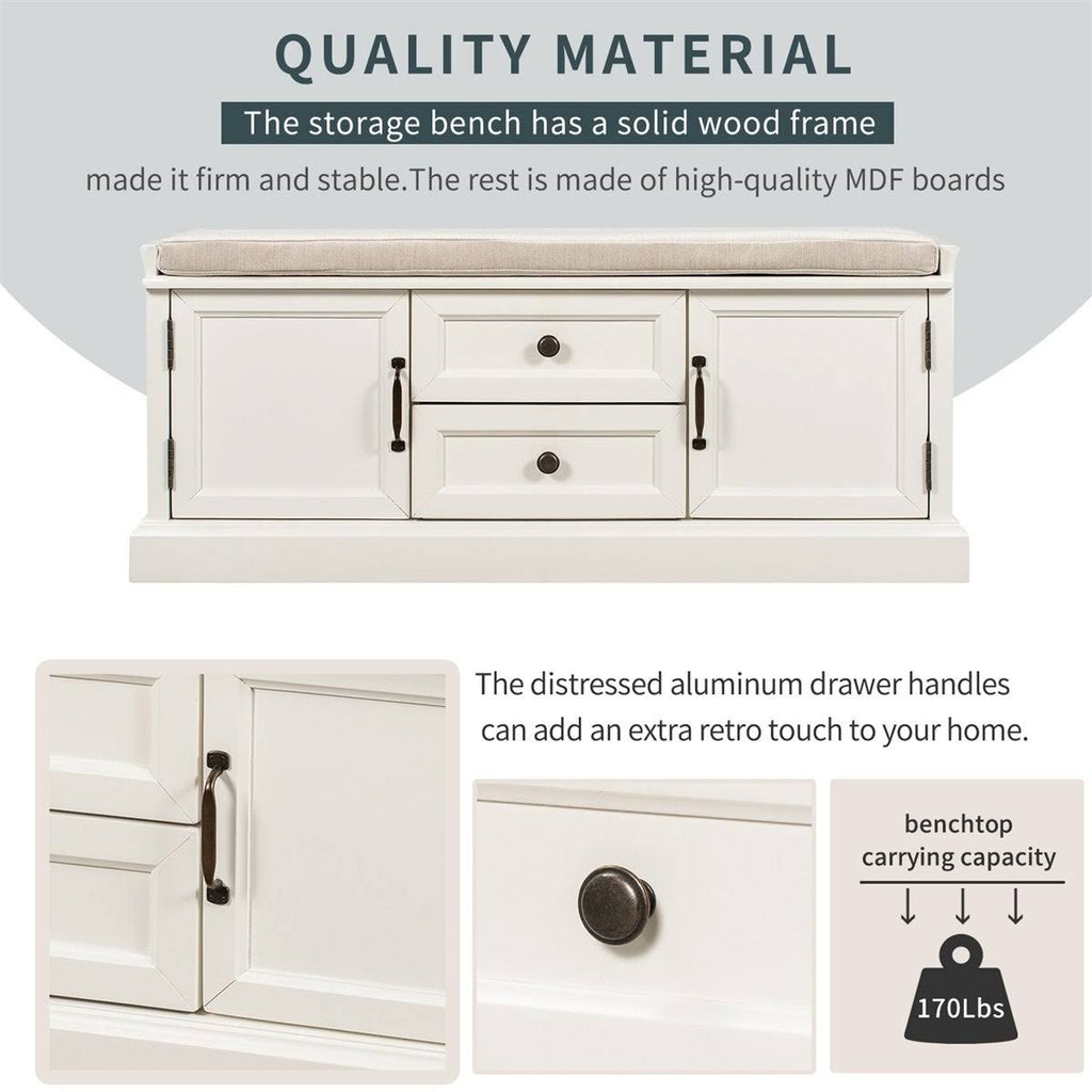 White Storage Bench with 2 Drawers and 2 Cabinets J3556