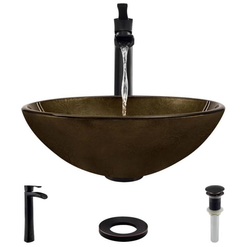 Foil Undertone Glass Vessel Sink with Antique Bronze Vessel Faucet B471946