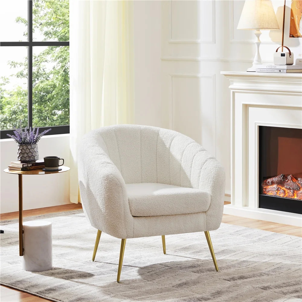 Ivory Tufted Boucle Barrel Accent Armchair with Gold Metal Legs A801713