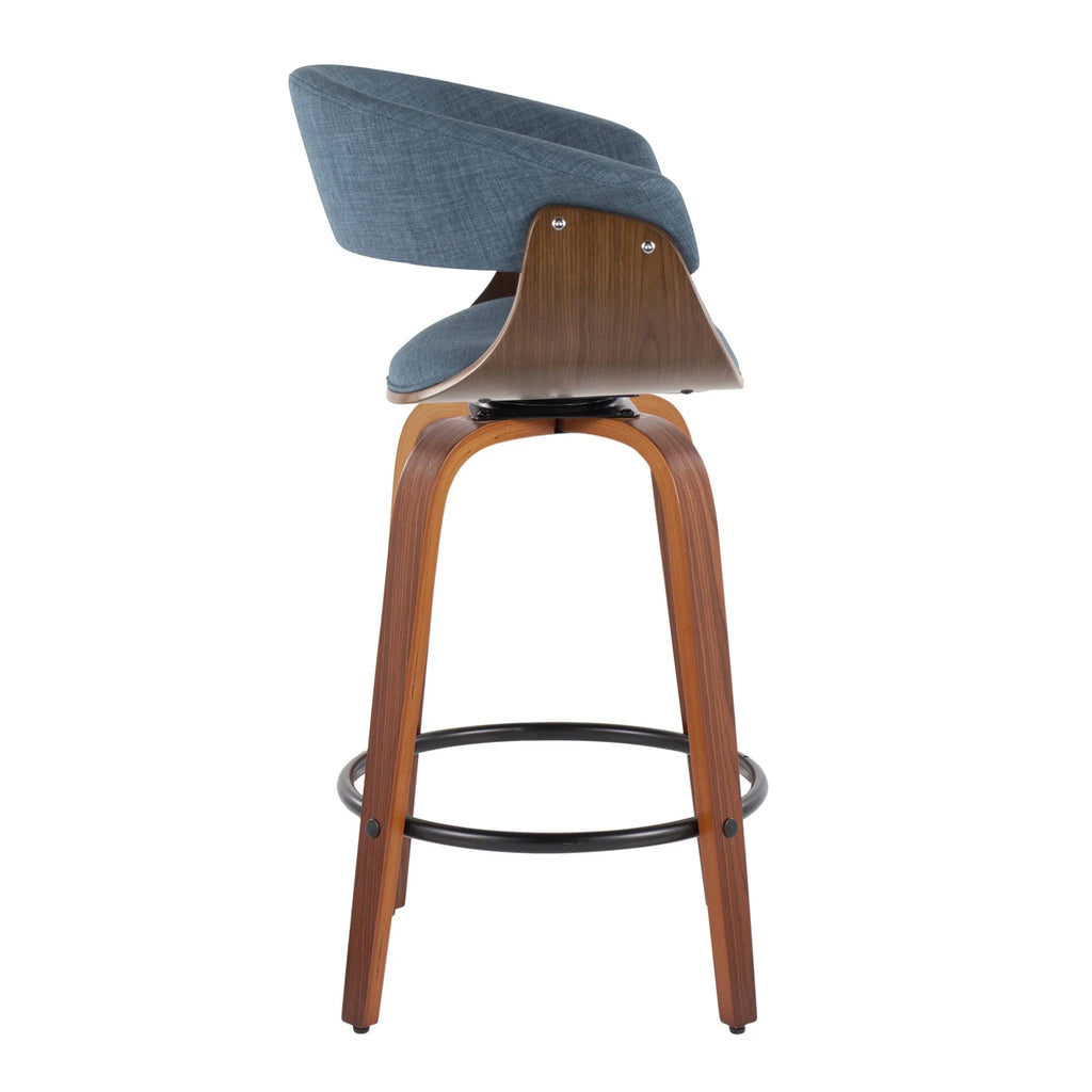 26" Mid-Century Modern Counter Stool with Swivel in Walnut Wood and Blue Fabric with Round Black Metal Footrest - Set of 2 B37551