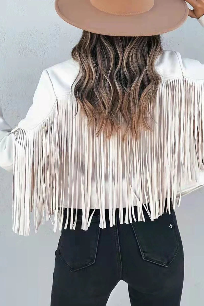 Solid Tassel Turndown Collar Outerwear S943