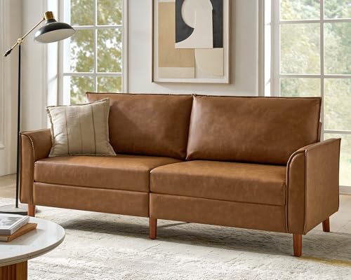 Brown Faux Leather 3-Seater Sofa with Solid Wood Legs S514