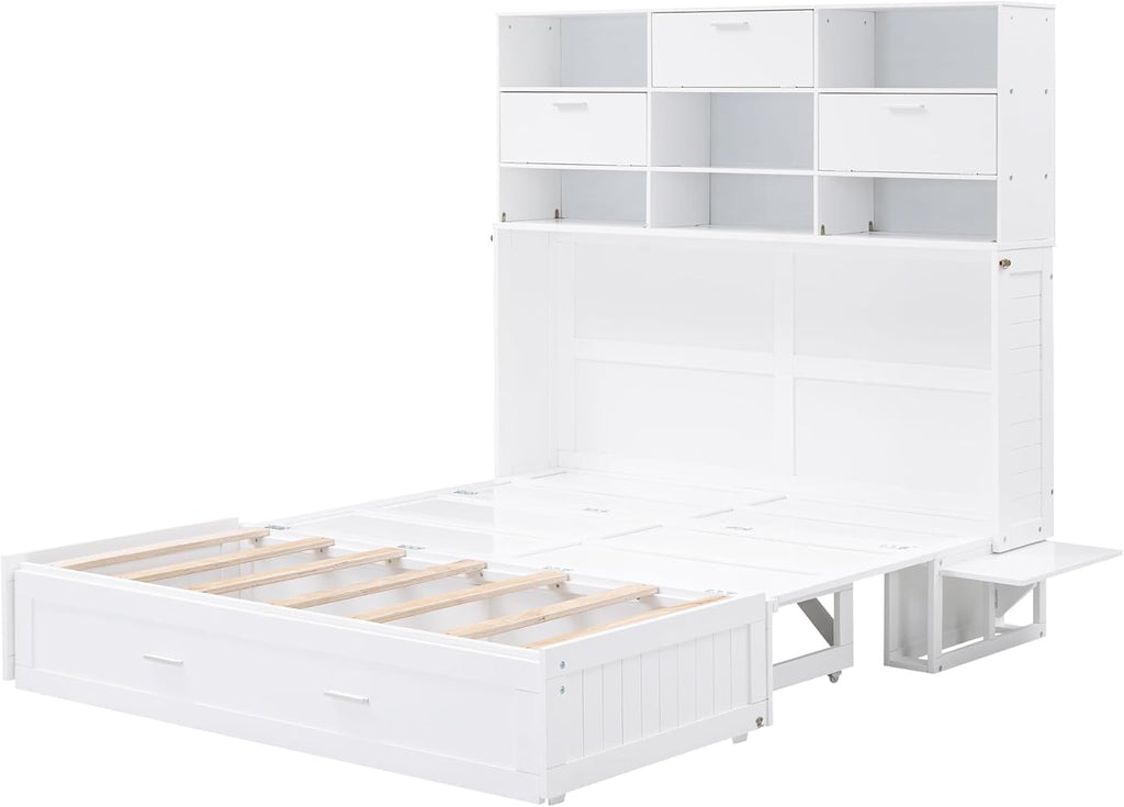 White Queen Murphy Bed Cabinet with Bookcase and Drawer P61752