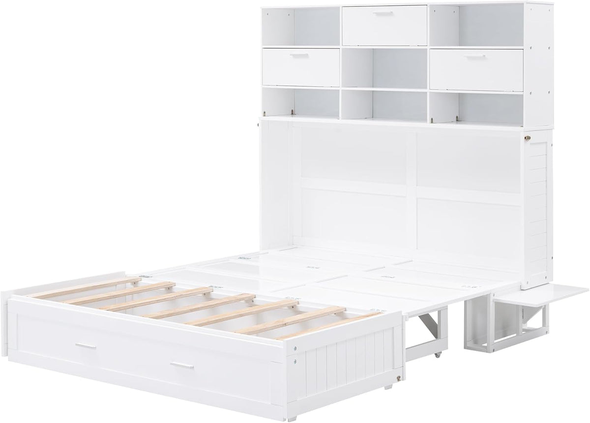 White Queen Murphy Bed Cabinet with Bookcase and Drawer P61752