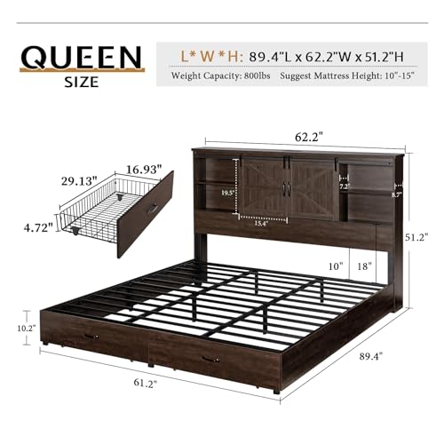 Full Size Wooden Platform Storage Bed with Bookcase Headboard and 2 Drawers R5254