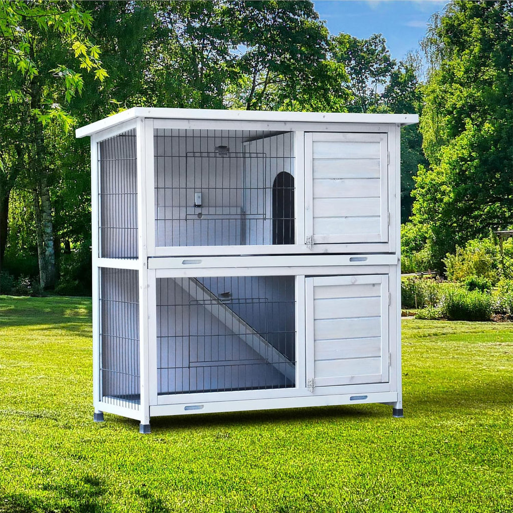 White 2-Story Large Rabbit Hutch with 2 Removable No-Leak Trays A267