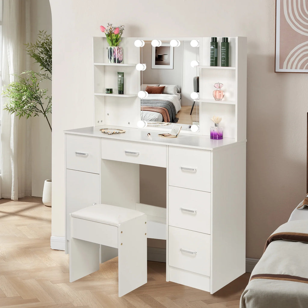 White Makeup Vanity Set with Mirror and Lights W201
