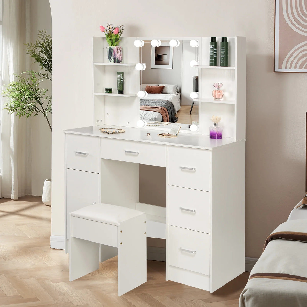 White Makeup Vanity Set with Mirror and Lights W201
