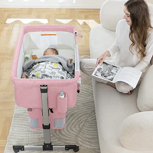 Pink Baby Bassinet Bedside Sleeper with Storage Basket D3794
