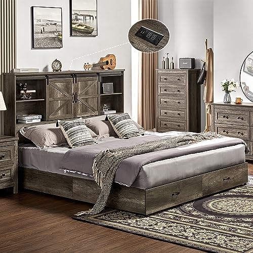 Full Size Wooden Platform Storage Bed with Bookcase Headboard and 2 Drawers R5254