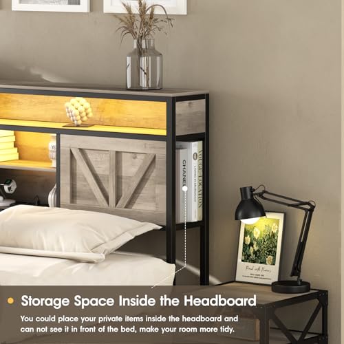 Queen Size Bed Frame with 4 Drawers LED Light, Wash Grey M11765