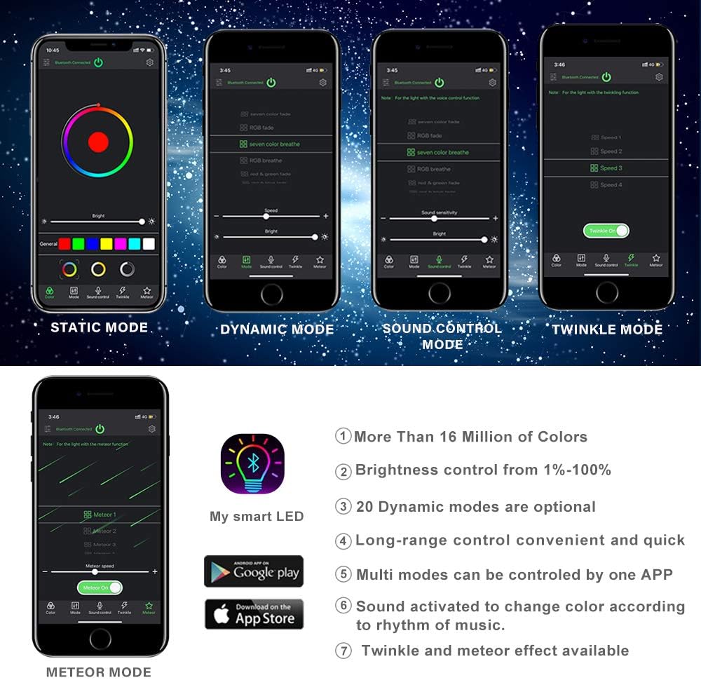 Bluetooth Controlled Twinkle LED Remote RGB 4-Speed Fiber Optic Star Ceiling Kit F2826