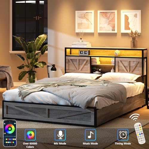 Queen Size Bed Frame with 4 Drawers LED Light, Wash Grey M11765