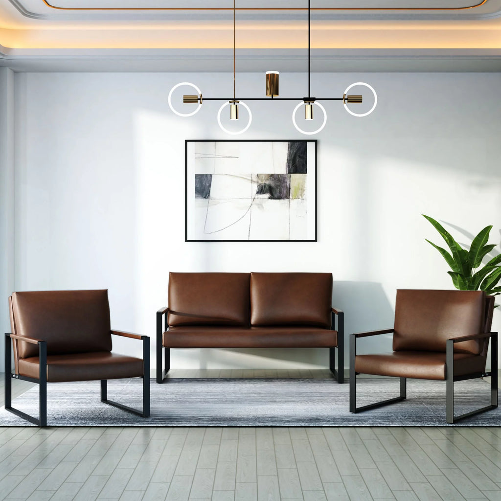 Gray 3-Piece PU Leather Sofa Set Including 2 Armchairs and 1 Loveseat P558329