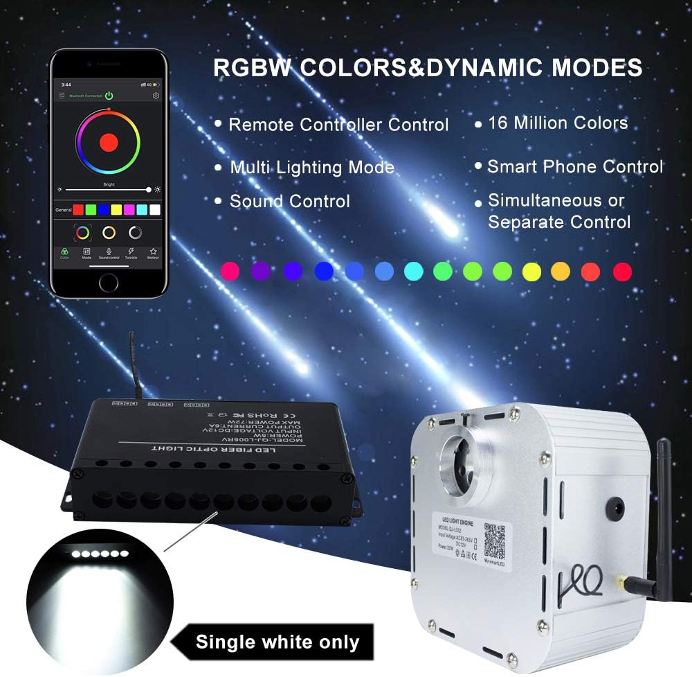 Bluetooth Controlled Twinkle LED Remote RGB 4-Speed Fiber Optic Star Ceiling Kit F2826