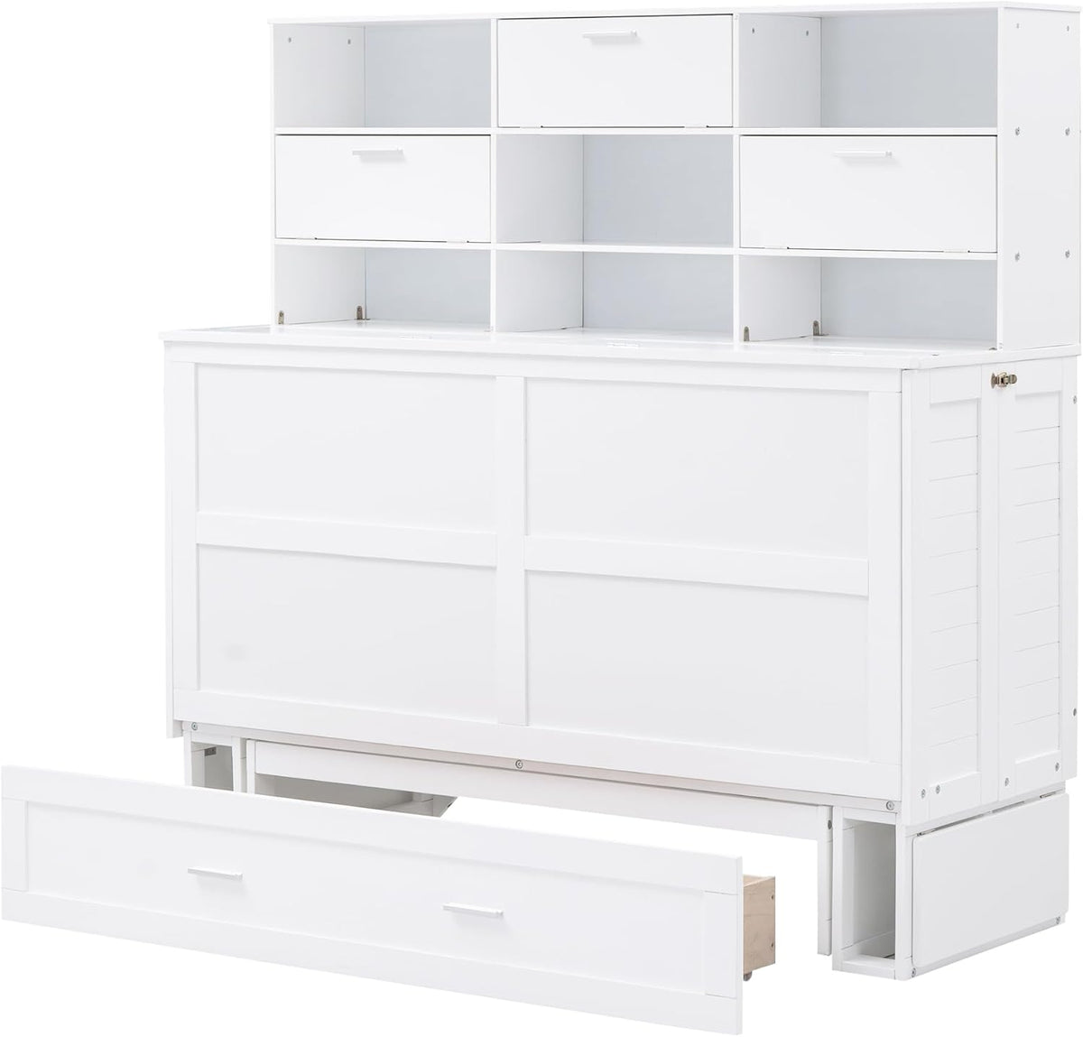 White Queen Murphy Bed Cabinet with Bookcase and Drawer P61752