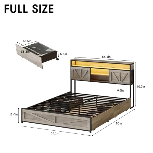 Queen Size Bed Frame with 4 Drawers LED Light, Wash Grey M11765