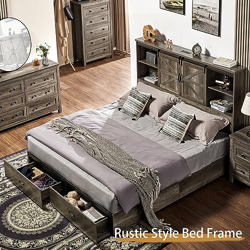 Full Size Wooden Platform Storage Bed with Bookcase Headboard and 2 Drawers R5254