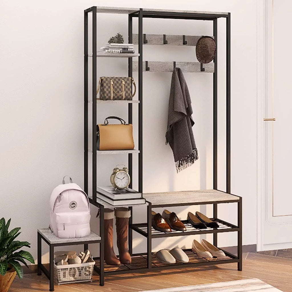 Hall Tree with Shoe Storage Bench, Coat Rack with 7 Hooks, 4 Tier Side Shelves K180