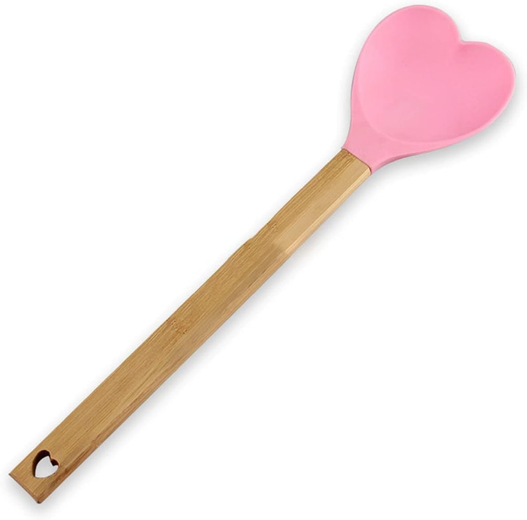 Pink Heart shaped silicone spatula with bamboo handle X36233