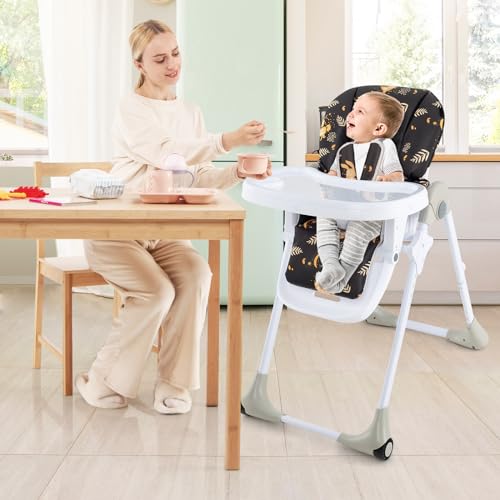 Light Gray Foldable Baby High Chair with Wheels E3704
