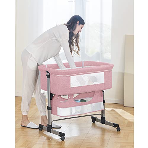 Pink Baby Bassinet Bedside Sleeper with Storage Basket D3794