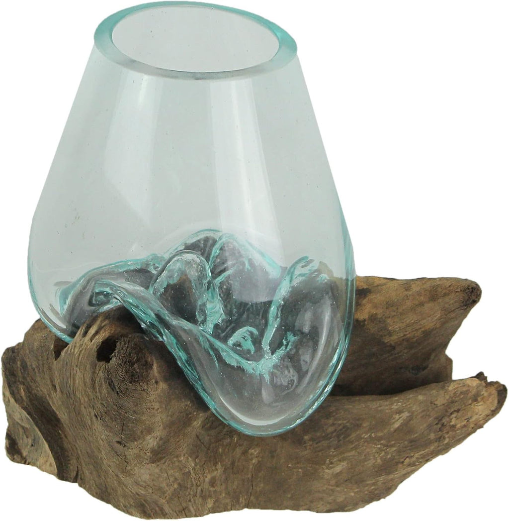 7-Inch Melted Glass and Teak Driftwood Centerpiece Bowl K2558