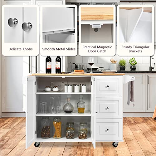 Kitchen Island with Stainless Steel Top, Rolling Kitchen Trolley Cart with Storage Cabinet, 3 Drawers, Towel & Spice Rack M979