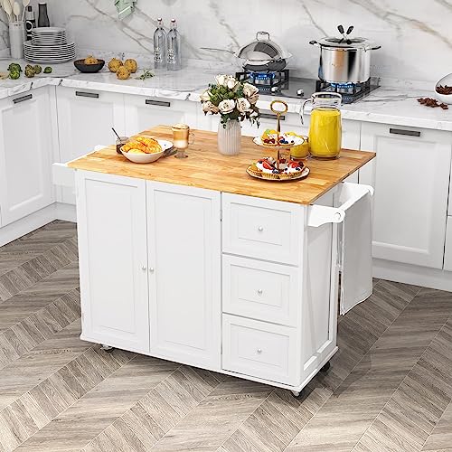 Kitchen Island with Stainless Steel Top, Rolling Kitchen Trolley Cart with Storage Cabinet, 3 Drawers, Towel & Spice Rack M979
