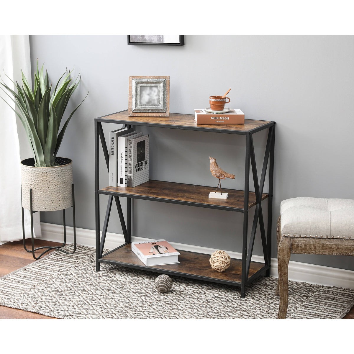 Walnut Wood Finish Metal Bookcase I28099