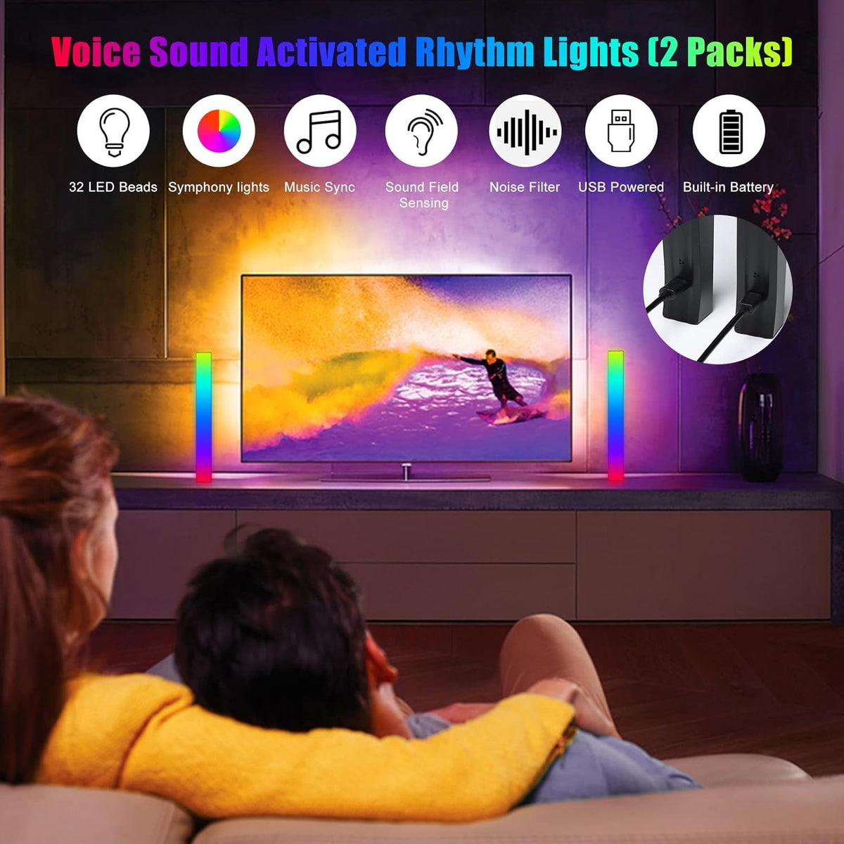 Battery Powered RGB Sound Control Rhythm Light Bar 2Pcs Q9566