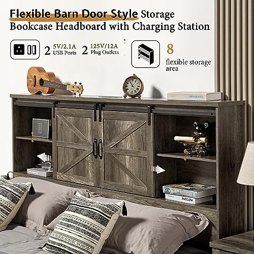 Full Size Wooden Platform Storage Bed with Bookcase Headboard and 2 Drawers R5254